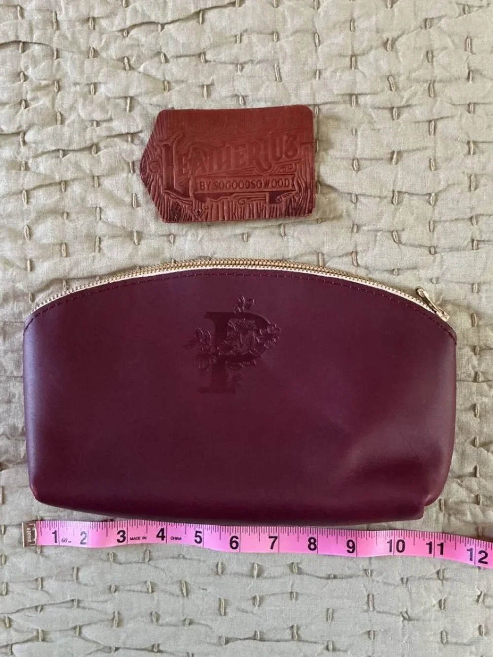 Magenta Quality Leather Cosmetic Bag Embossed with Initial P Floral Sogoodsowood